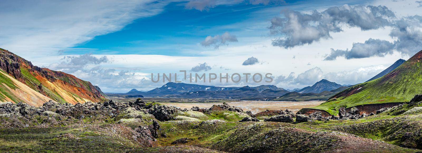 Panoramic true Icelandic rough landscape view of colorful rainbow volcanic Landmannalaugar mountains, volcanoes, streams and famous Laugavegur hiking trail, Iceland, summer