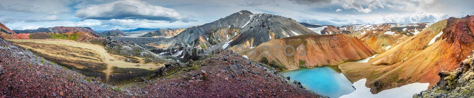 Panoramic view of colorful Icelandic rainbow volcanic Landmannalaugar mountains, famous Laugavegur hiking trail, group of hikers, hidden lake and iconic volcanic mount Brennisteinsalda in Iceland