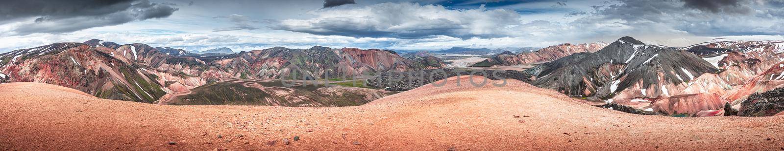 Panoramic landscape view of colorful rainbow volcanic Landmannalaugar mountains with dramatic sky in Iceland, summer
