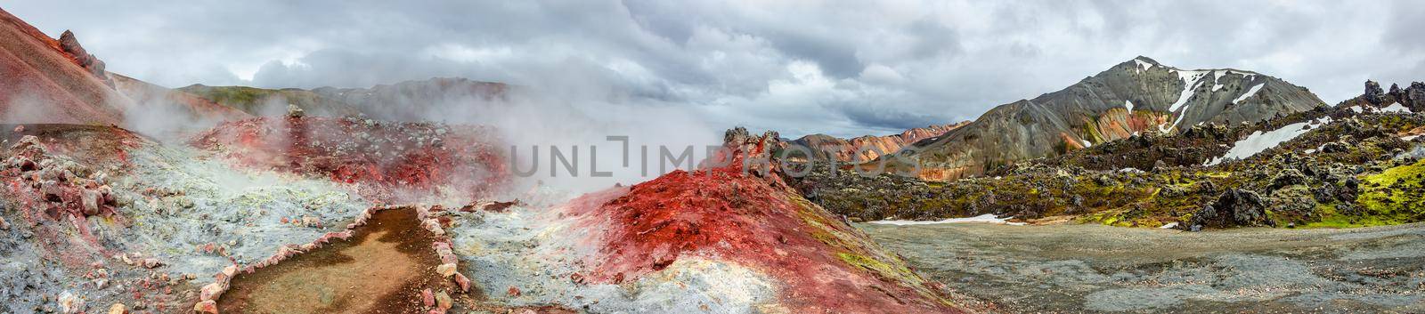 Panoramic landscape view of colorful rainbow volcanic Landmannalaugar mountains and Sulphur valve steam with dramatic sky in Iceland, summer