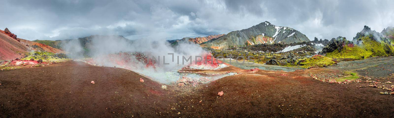 Panoramic landscape view of colorful rainbow volcanic Landmannalaugar mountains and Sulphur valve steam with dramatic sky in Iceland, summer