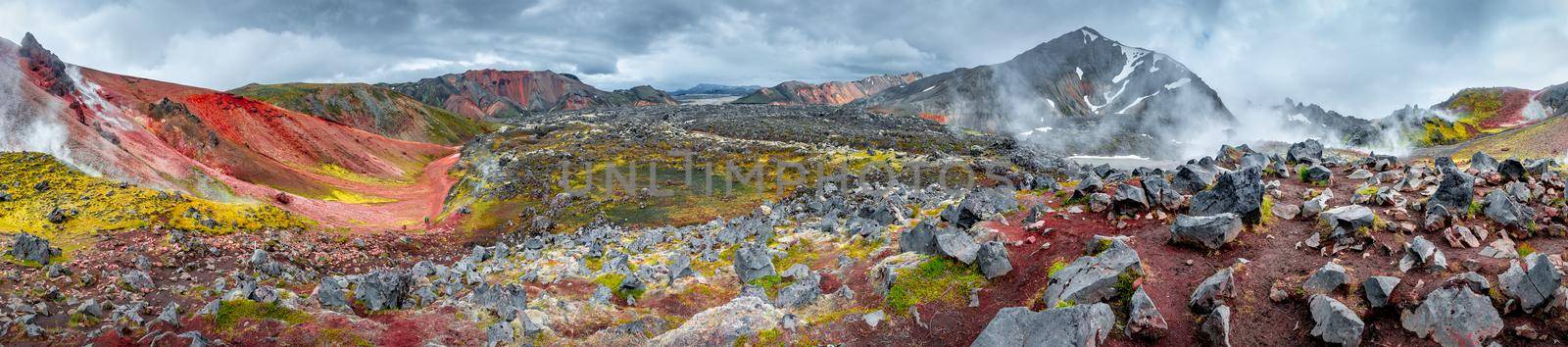 Panoramic landscape view of colorful rainbow volcanic Landmannalaugar mountains and two hikers at hiking trail path with dramatic sky in Iceland, summer