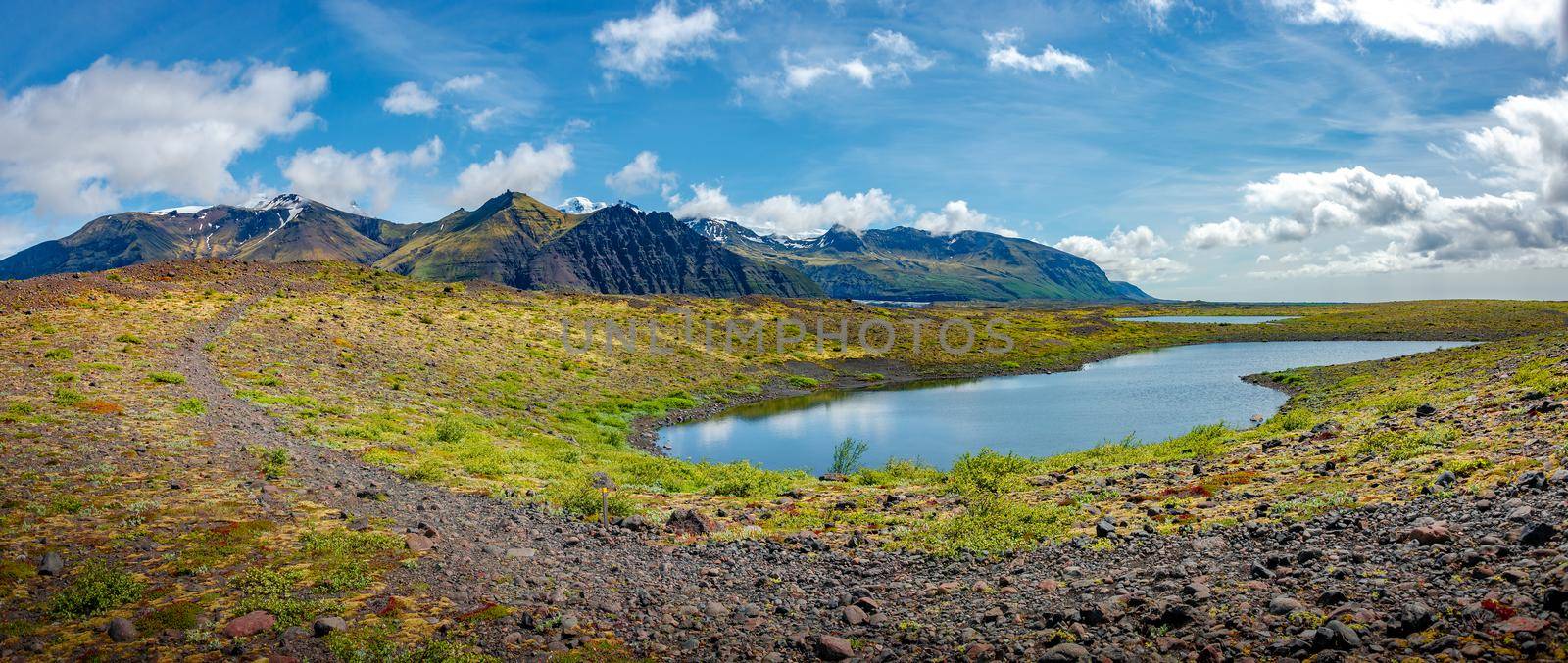 Panoramic view over rough and colorful landscape in Iceland, summer