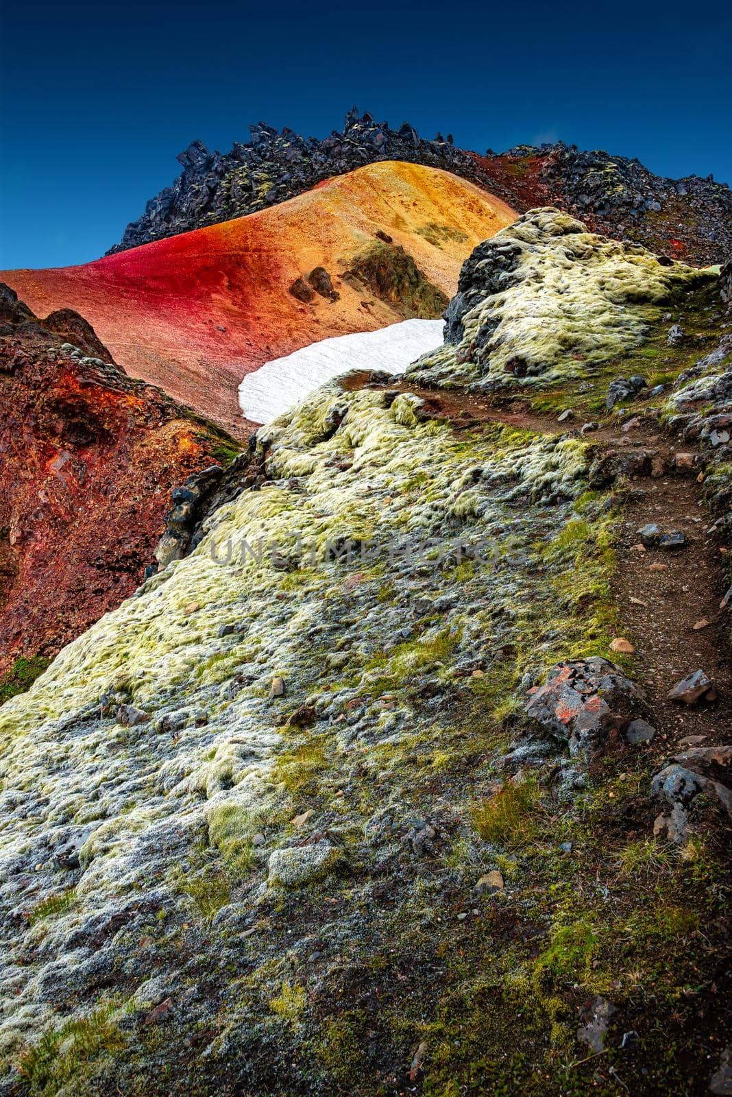 Iconic colorful rainbow volcanic mount Brennisteinsalda (Sulphur Wave) in Landmannalaugar mountain region in Iceland, summer, blue sky