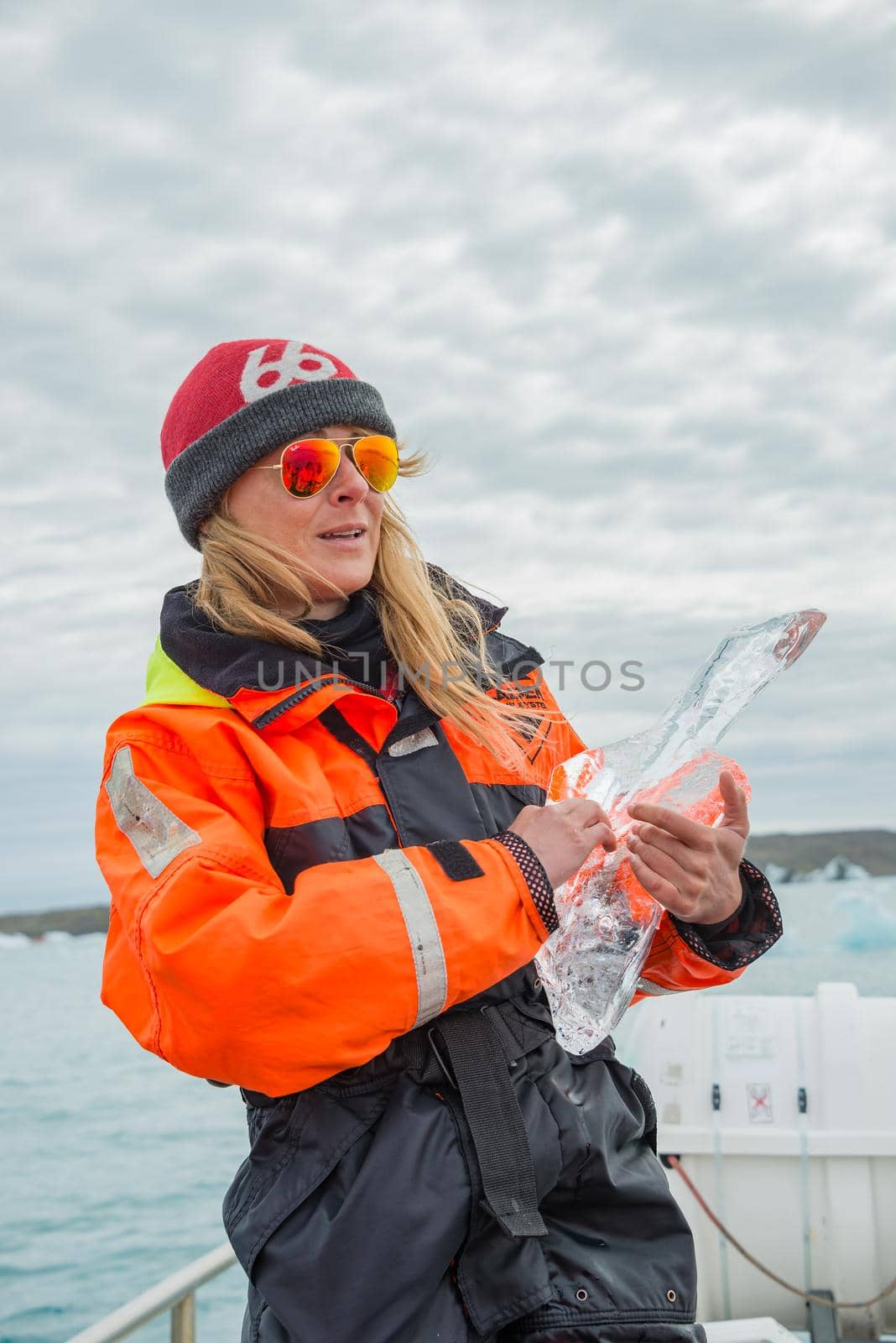 Touristic activity in Glacier Lagoon Jokulsarlon with icebergs in Iceland