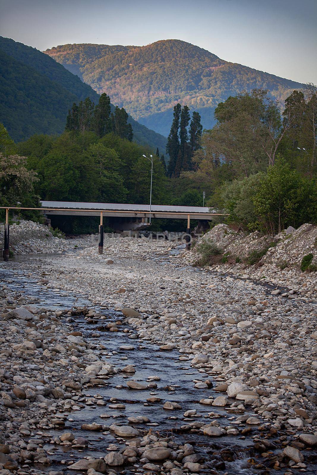 Evening lanscape with mountains, trees and river