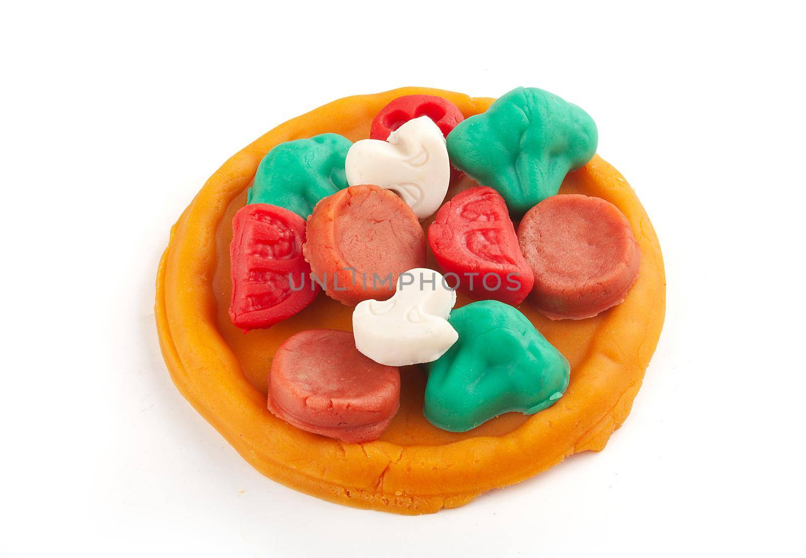 Isolated plasticine pizza on the white background