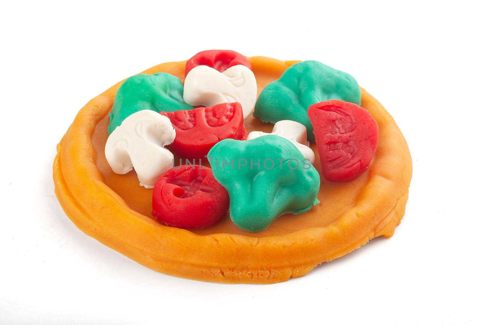 Isolated plasticine pizza on the white background