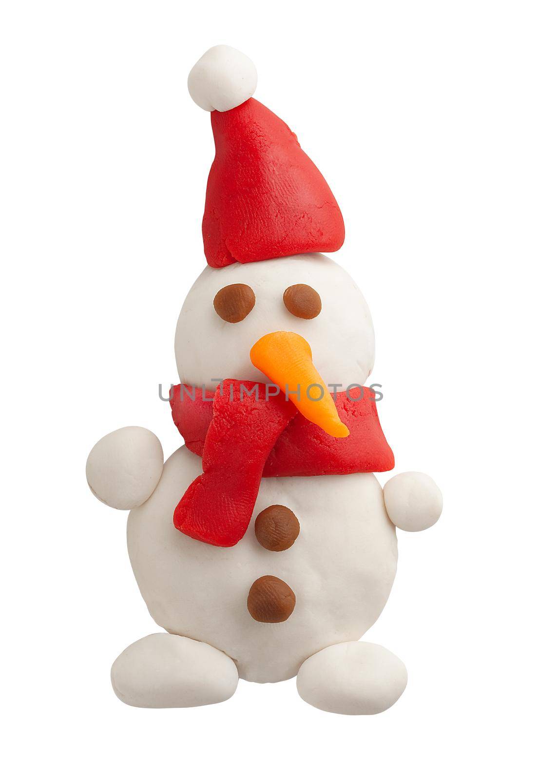 Isolated plasticine snowman in red scarf and hat on the white background