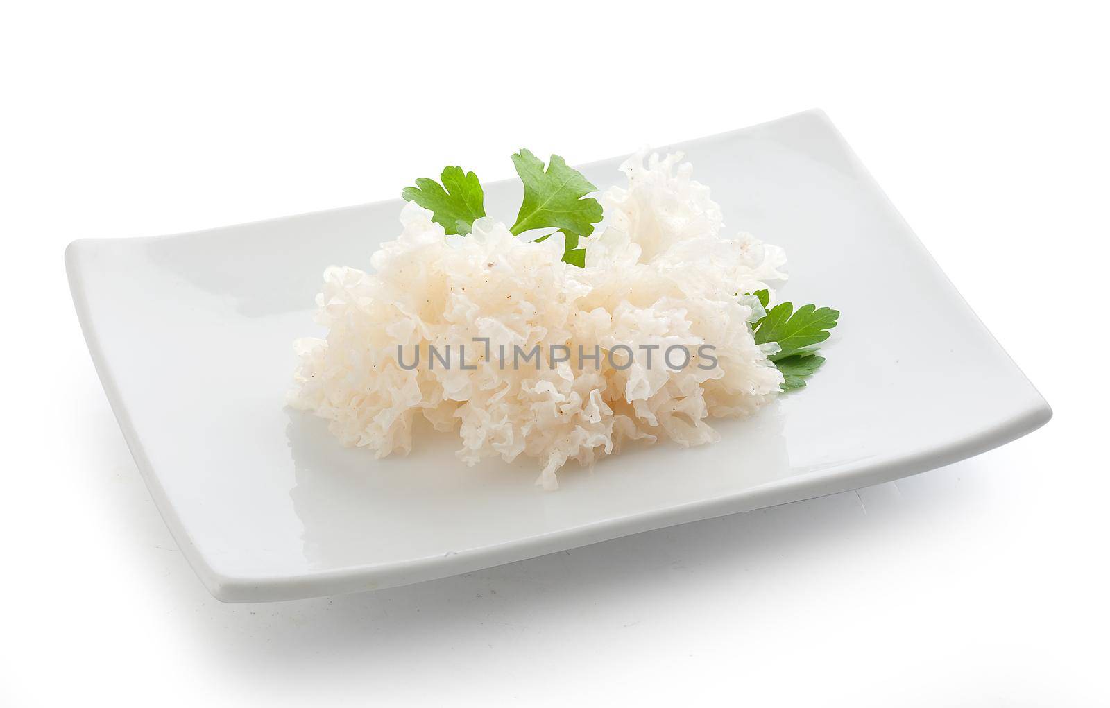 Marinated Korean-style snow fungus on the white plate