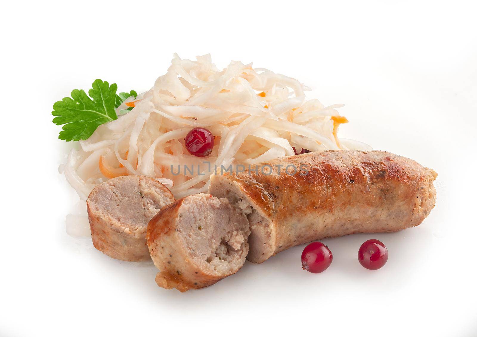 Fried sausage with sauerkraut, cranberry and fresh parsley by Angorius