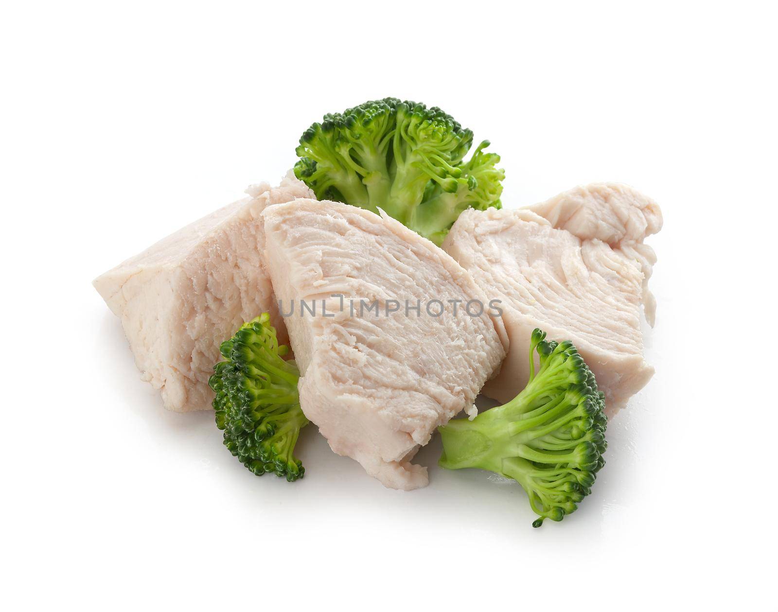 Isolated handfull of prepared chicken pieces with fresh green broccoli