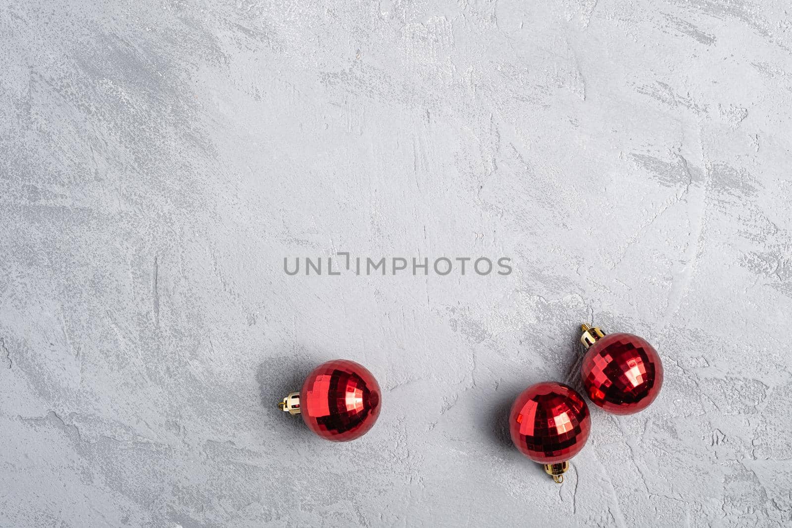 Christmas holidays composition. Red ornament and bauble decorations. Copy space