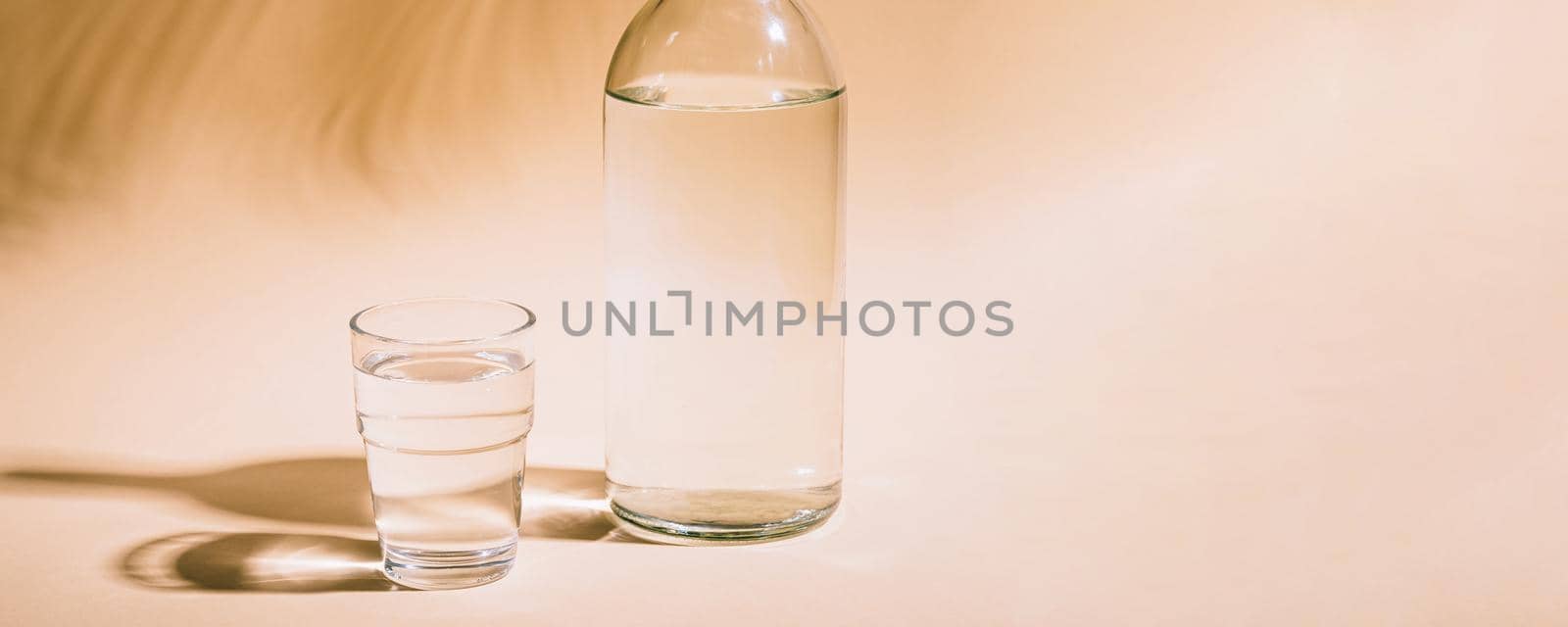 Glass and bottle with water on pastel background with tropical palm leaf shadow by Frostroomhead
