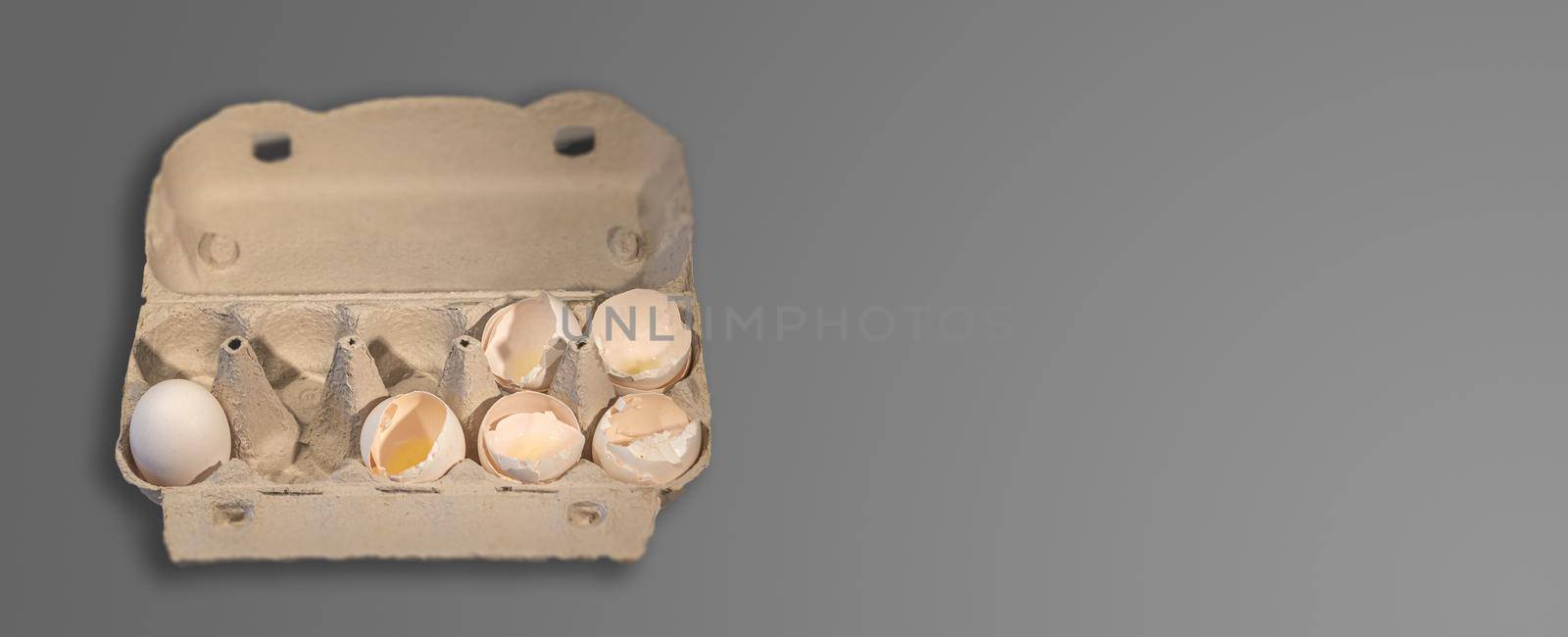 Banner with eggs packaging carton box with 5 broken chicken eggs and one not, Design concept for uncertainty, fate, fear, cruelty of life, unavoidable sacrifices. by neurobite