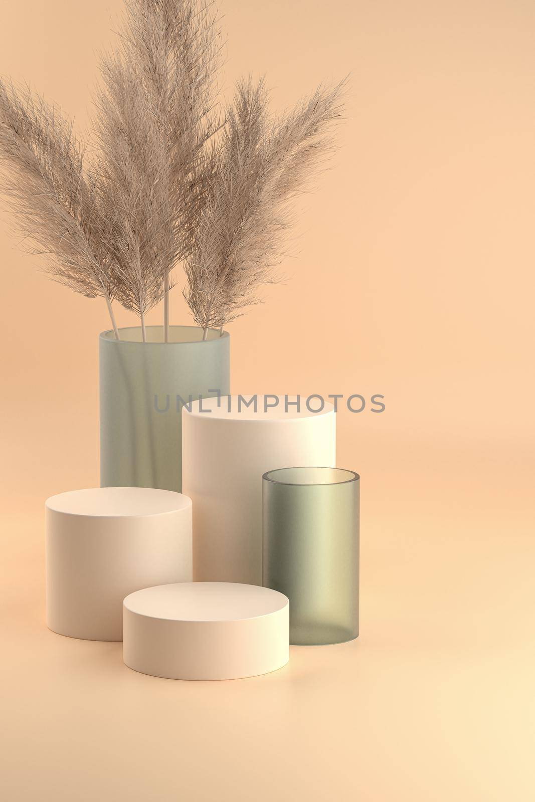 Beige pastel cylinder stand or pedestal for products with green glass tube and pampas branches decor. 3D rendering in minimal Scandinavian style.