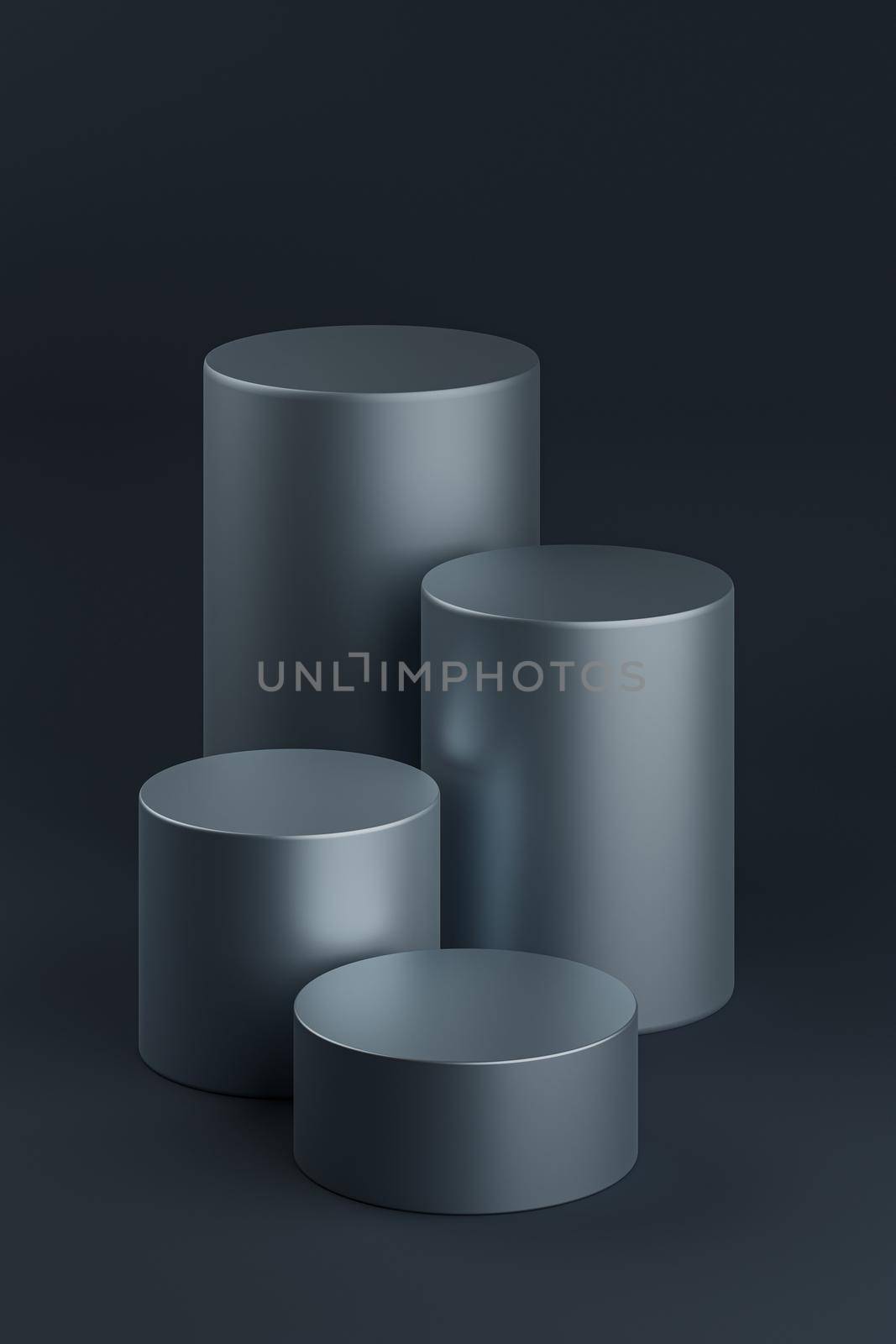 Dark blue cylinder stand or pedestal for products. 3D rendering in minimal style.