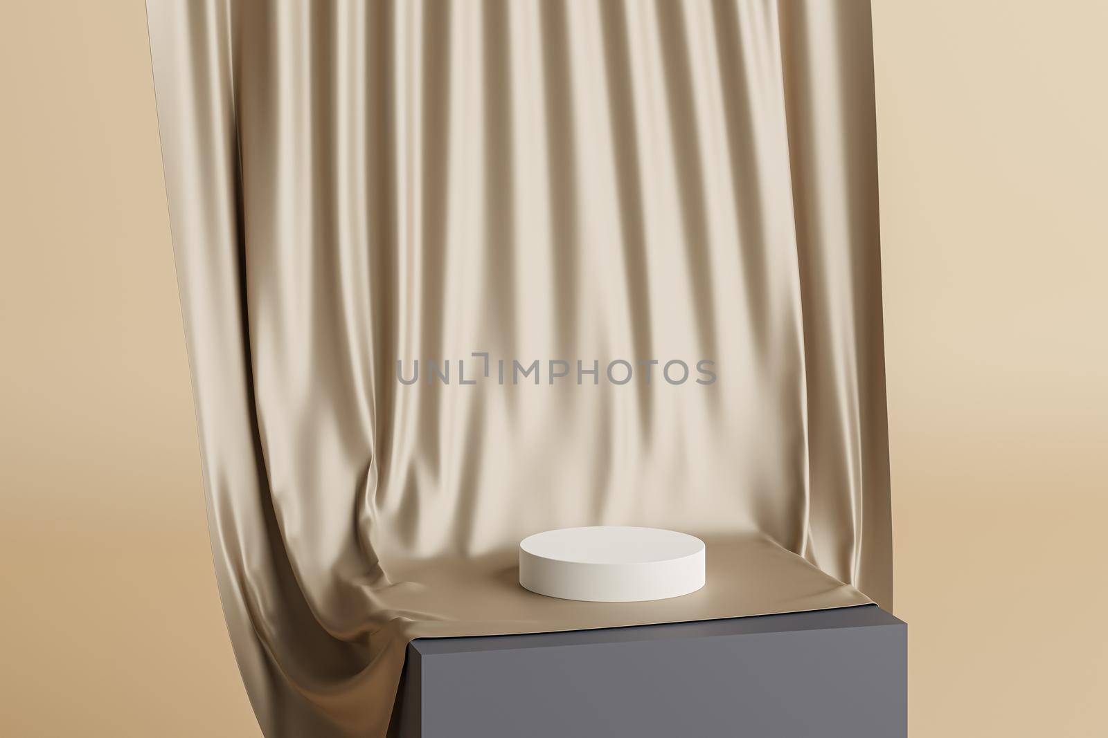Beige pastel cylinder stand or pedestal for products with golden cloth curtains. 3D rendering in minimal style.