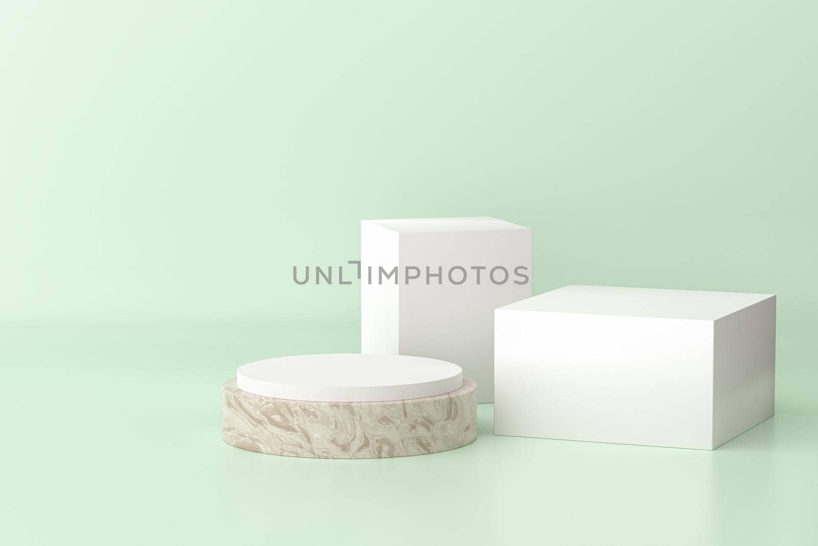 Concrete and white cylinder and cube shaped stand or pedestal for products. 3D rendering