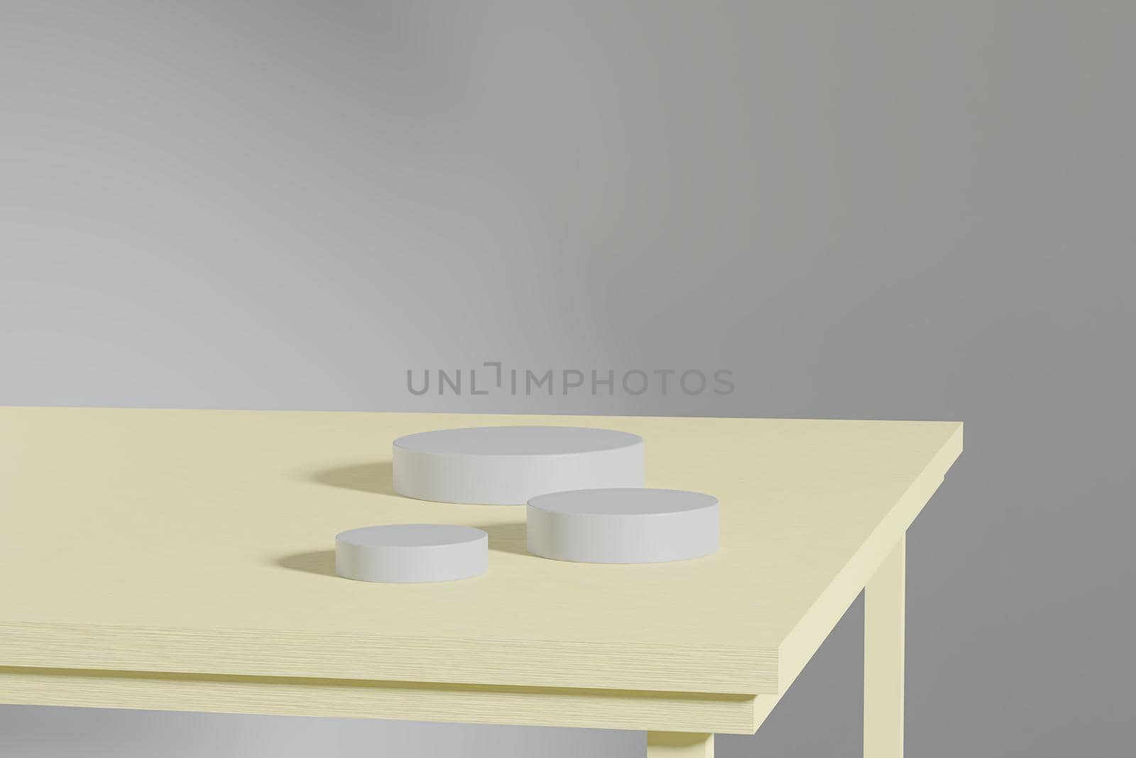 Grey cylinder stand or pedestal for products on yellow wooden table. 3D rendering in minimal style.