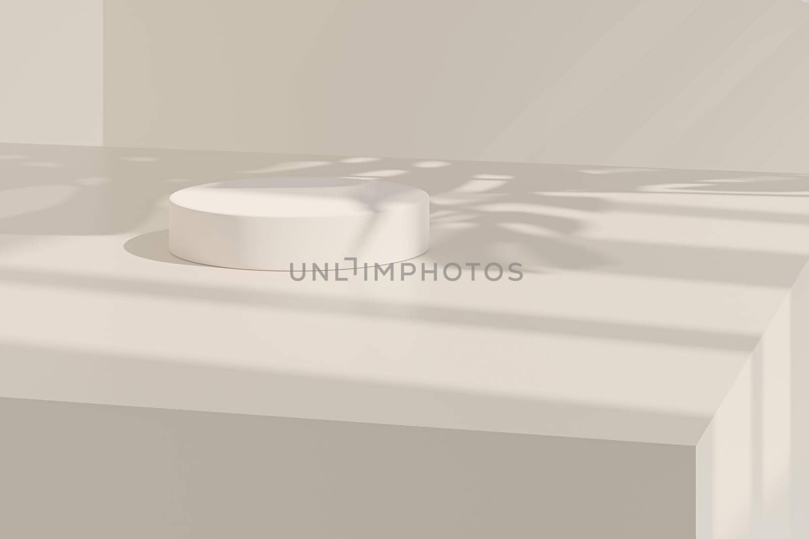Beige pastel cylinder stand or pedestal for products with monstera leaves shadow. 3D rendering in minimal style.