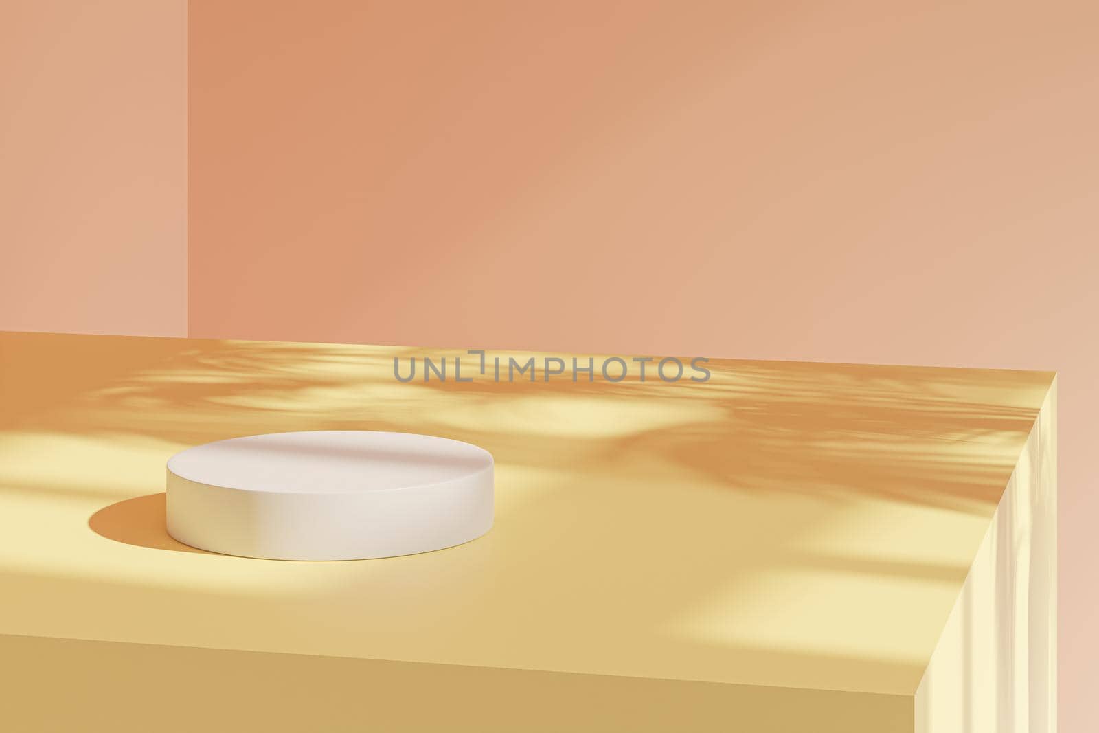 Beige pastel cylinder stand or pedestal for products with tropical leaves shadow. 3D rendering in minimal style.