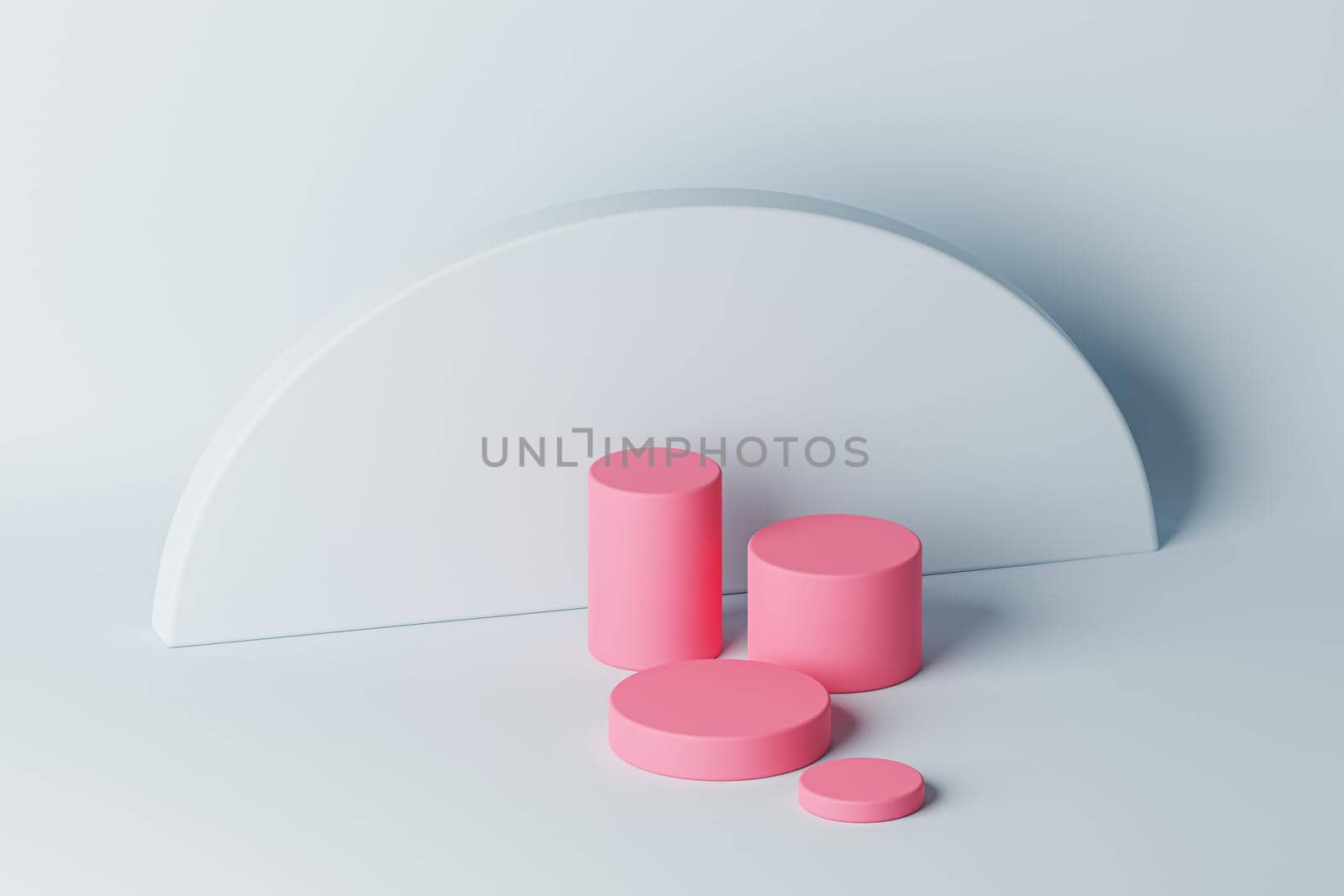 Pink cylinder podium or pedestal for products or advertising on light blue background. 3D rendering.