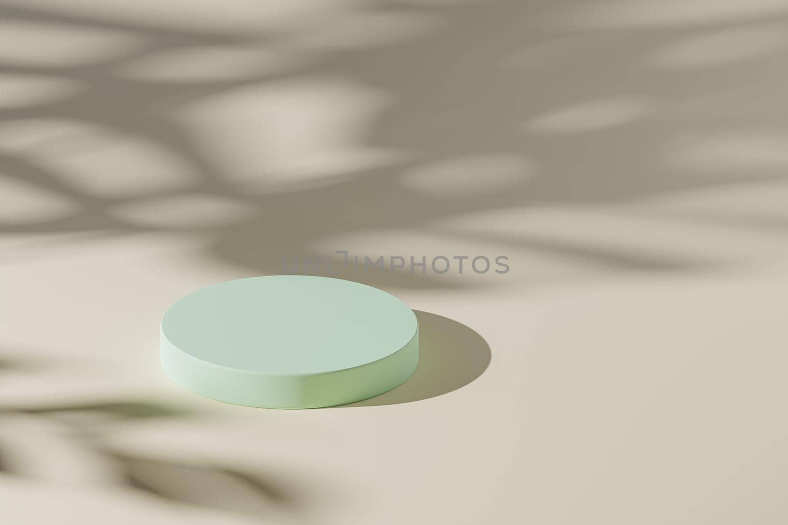Beige pastel cylinder podium or pedestal for products or advertising with monstera leaves shadow. 3D rendering in minimal style.