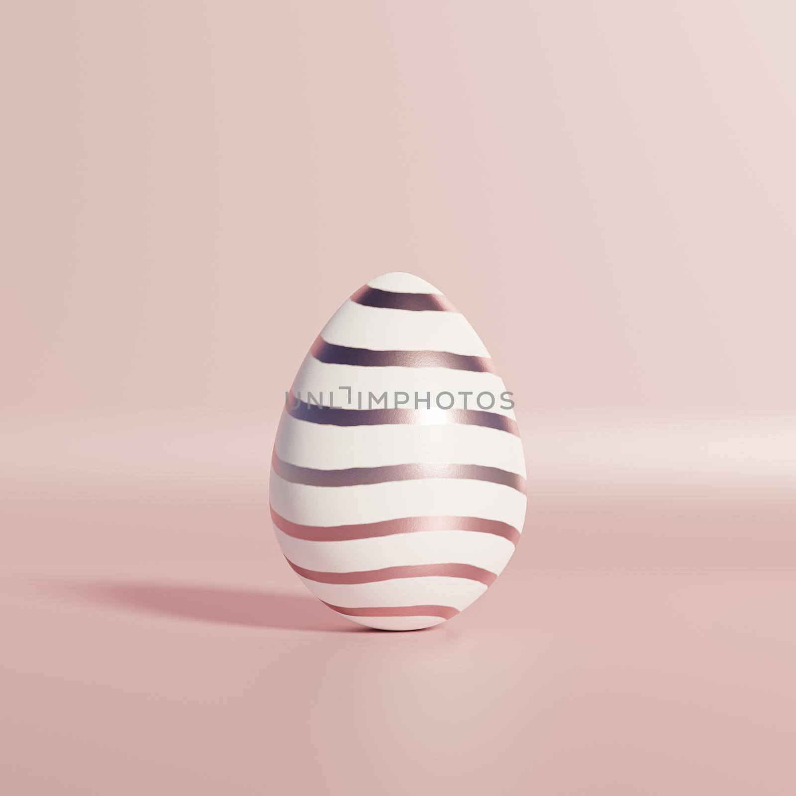 White Easter egg with rose gold striped pattern on pink background, spring April holidays card, 3d illustration render