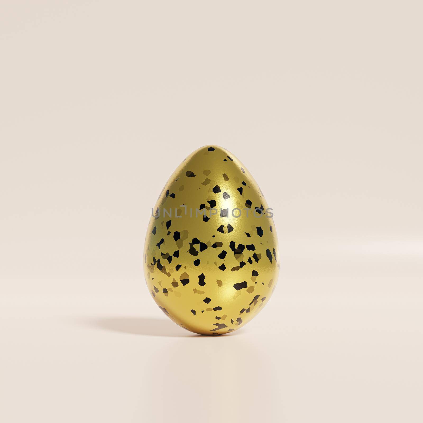 Golden Easter egg with black terrazzo pattern on beige background, spring April holidays card, 3d illustration render