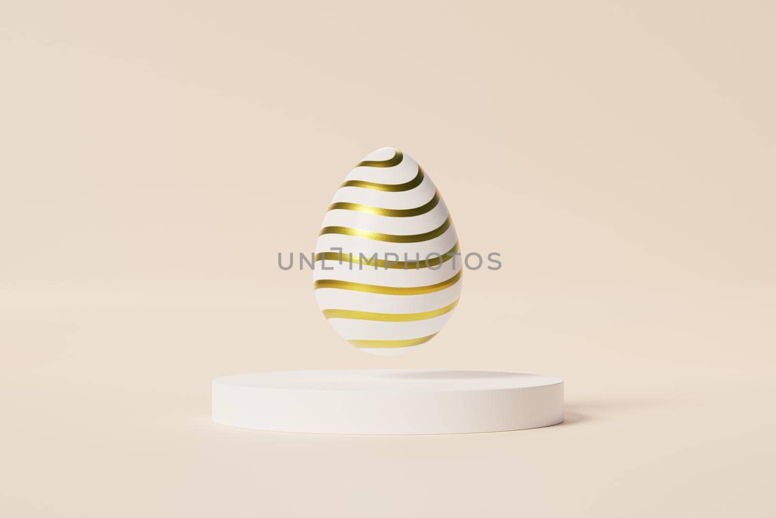 Easter egg with golden stripes pattern on white podium, beige background, spring April holidays card, 3d illustration render