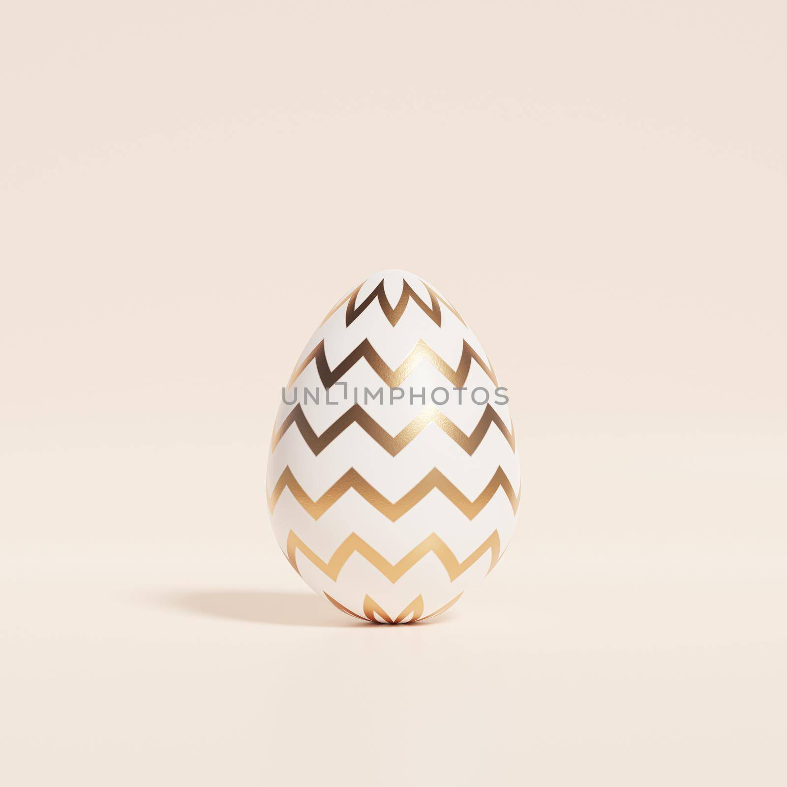 Easter egg with golden chevron or zigzag pattern on beige background, spring April holidays card, 3d illustration render