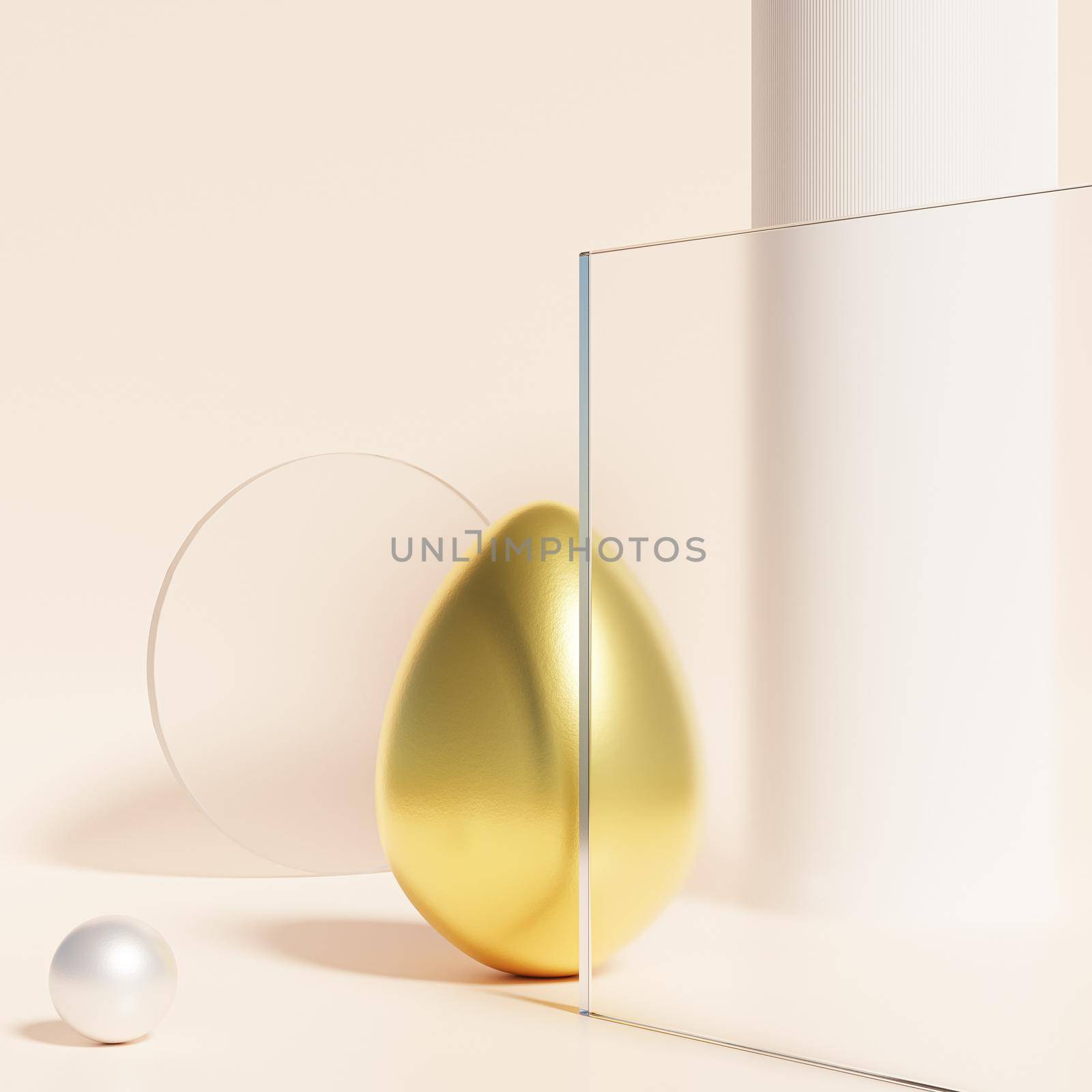 Easter egg decorated with gold with abstract showcase, beige background, spring April holidays card, 3d illustration render