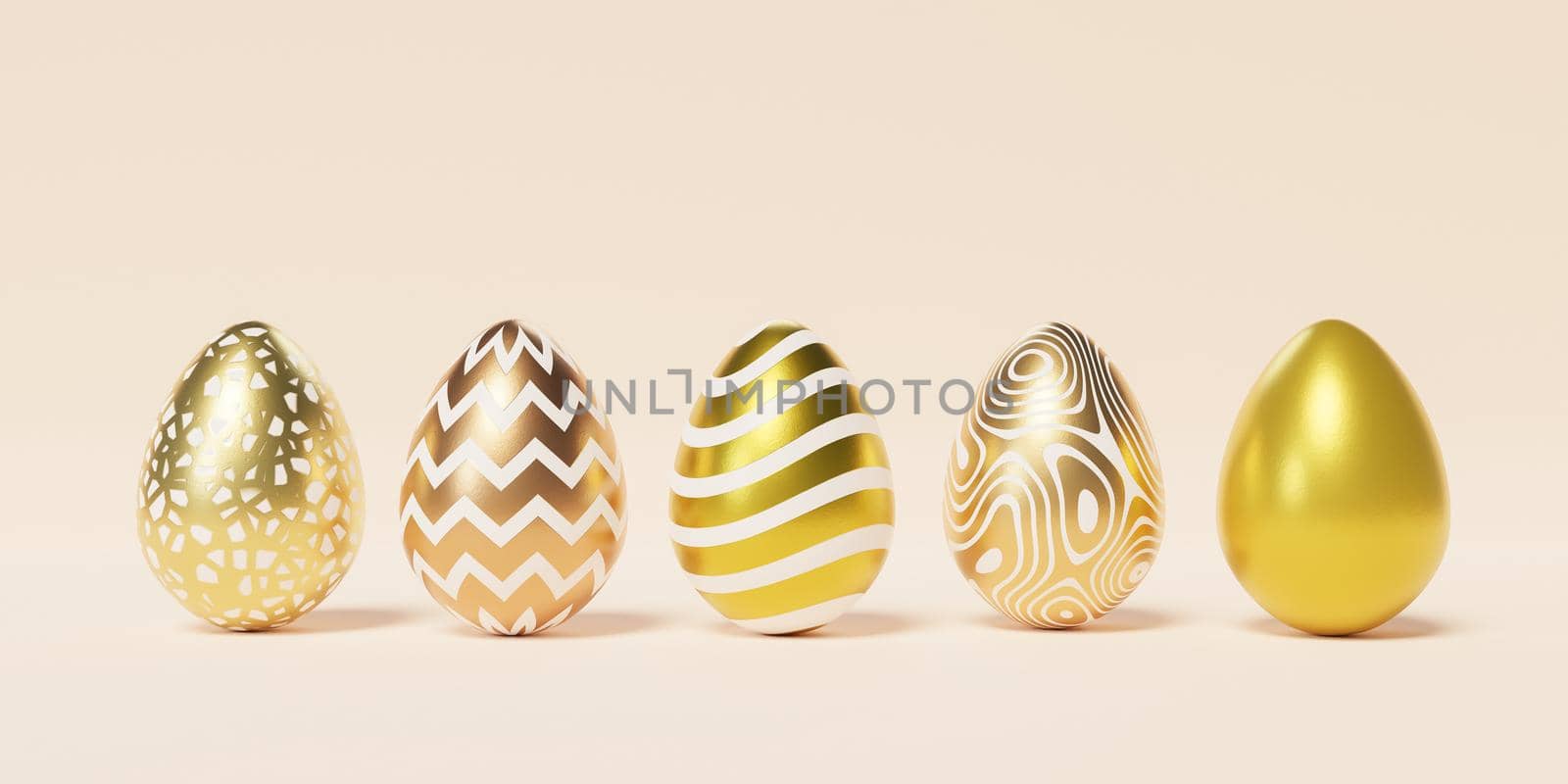 Set of Easter eggs decorated with golden textures and patterns on beige background, spring April holidays card, 3d illustration render
