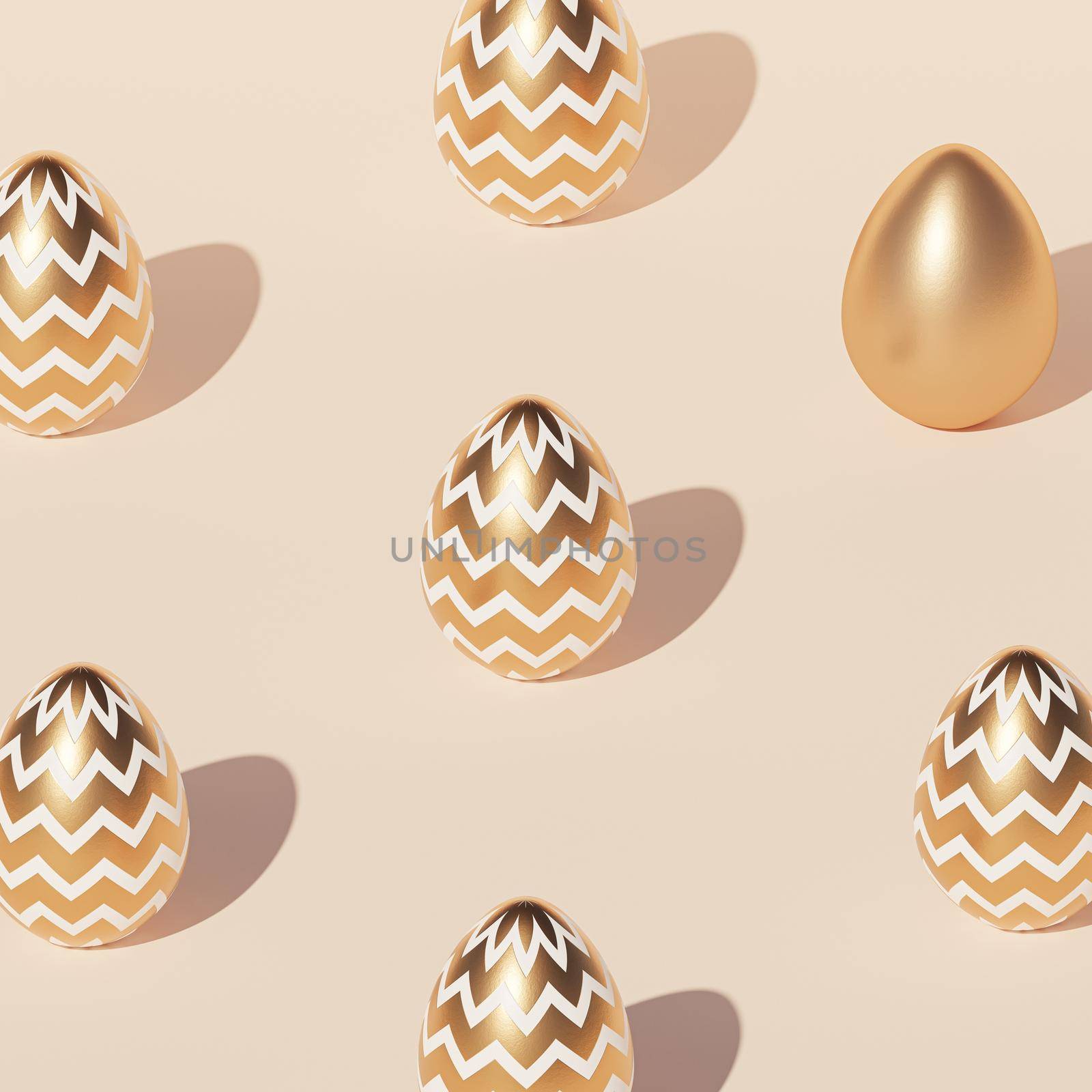 Easter eggs pattern decorated with gold, beige background, spring April holidays card, isometric 3d illustration render by Frostroomhead