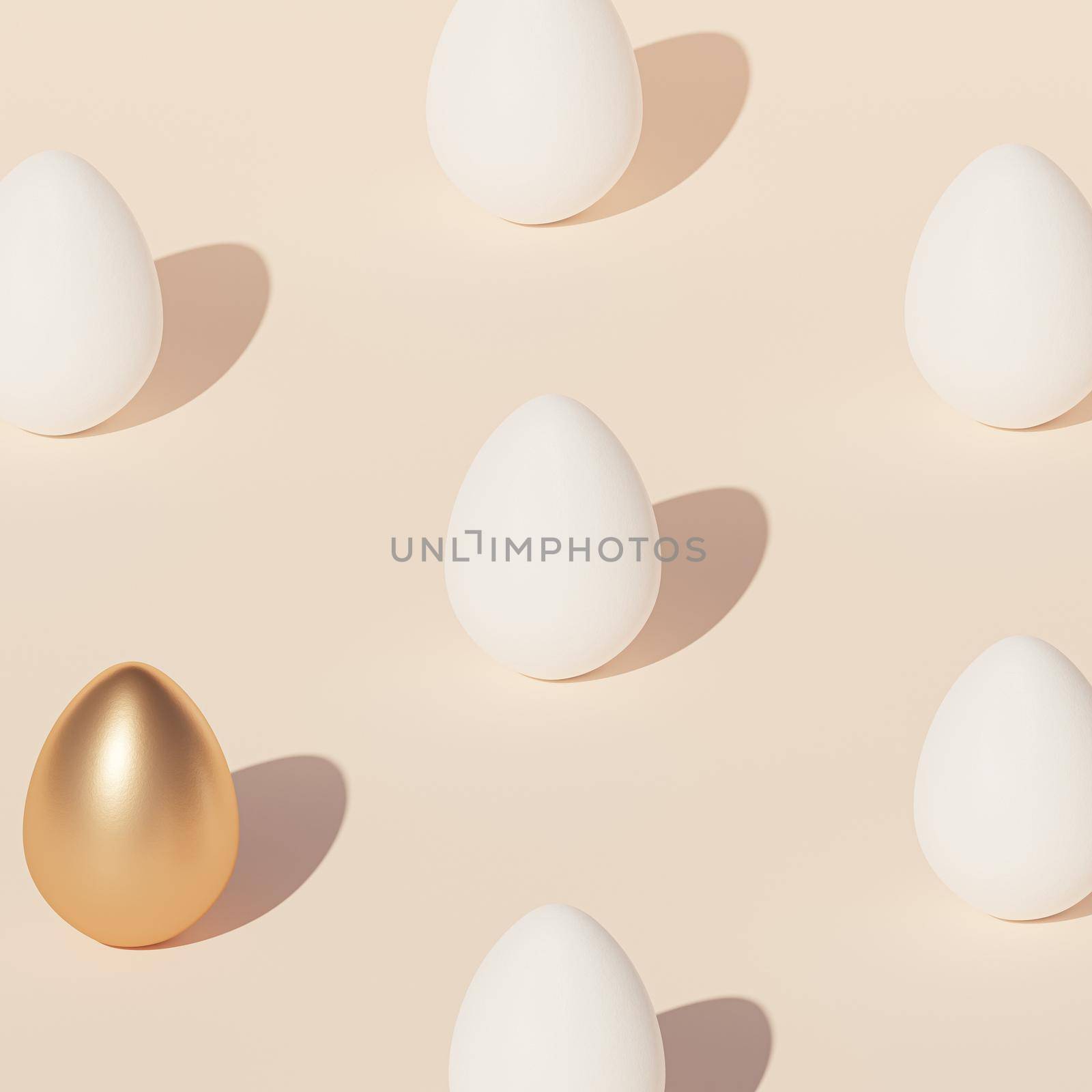 White Easter eggs pattern and one egg decorated with gold, beige background, spring April holidays card, isometric 3d illustration render