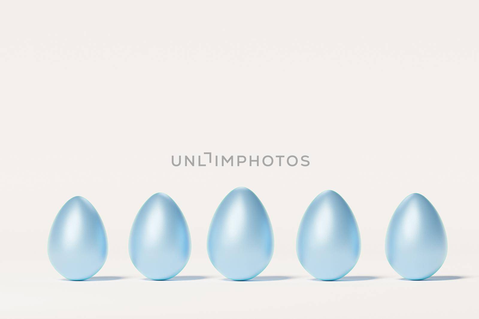 Painted blue Easter eggs, beige neutral background, spring April holidays card, isometric 3d illustration render