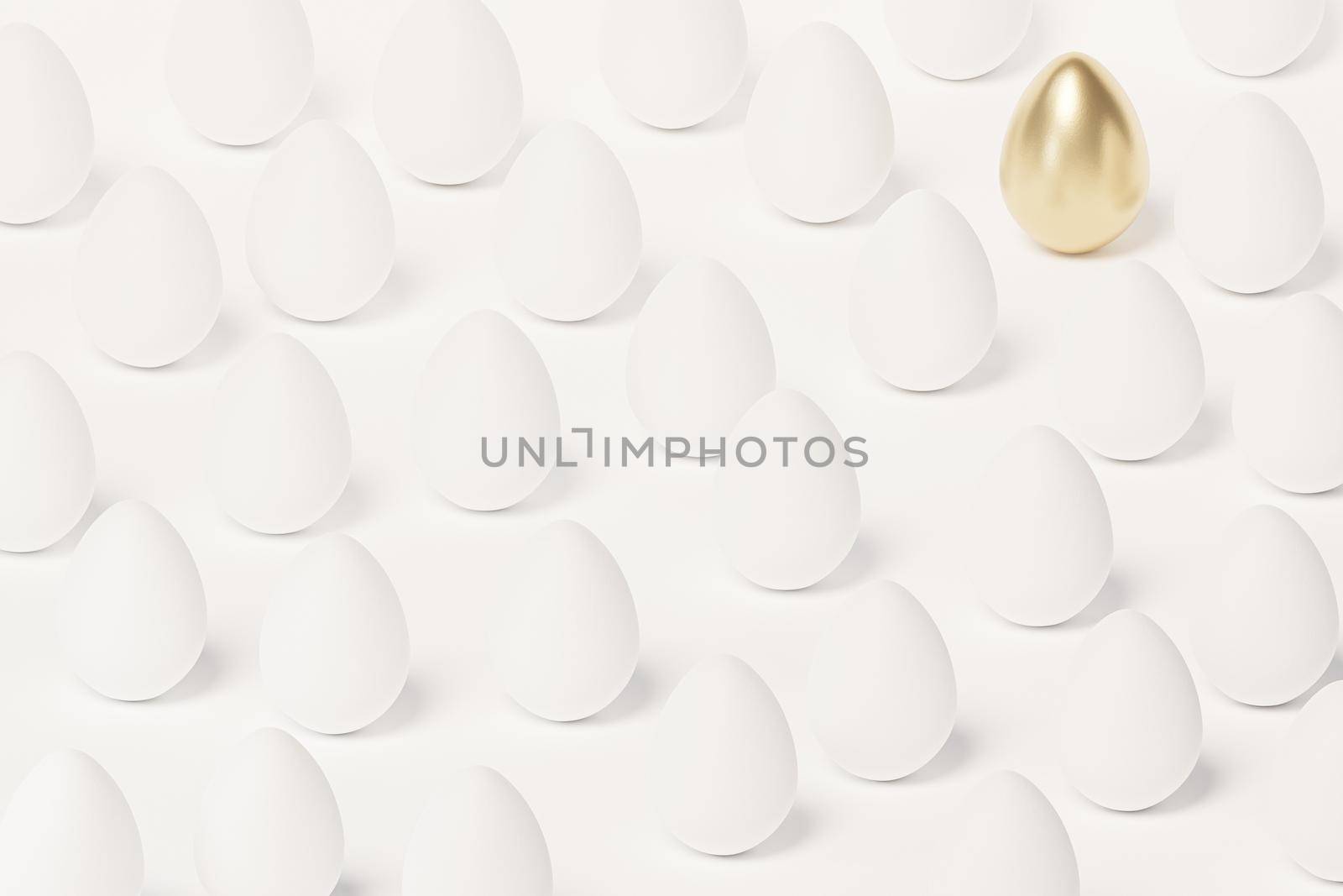 White Easter eggs and one egg decorated with gold, spring April holidays card, isometric 3d illustration render