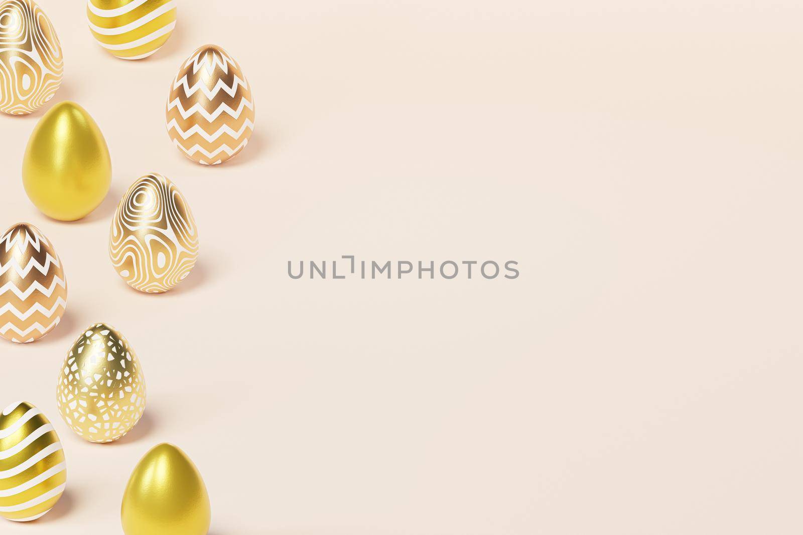 Easter eggs decorated with golden paint, beige background, spring April holidays card, isometric 3d illustration render
