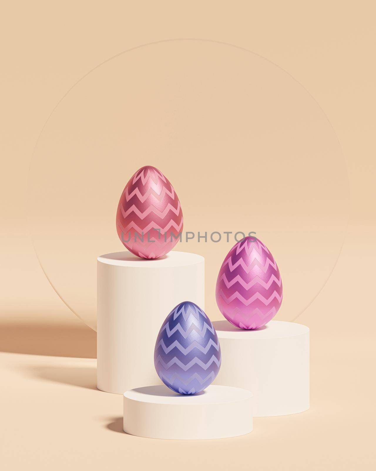 Colorful Easter eggs on podiums, beige background, spring April holidays card, isometric 3d illustration render