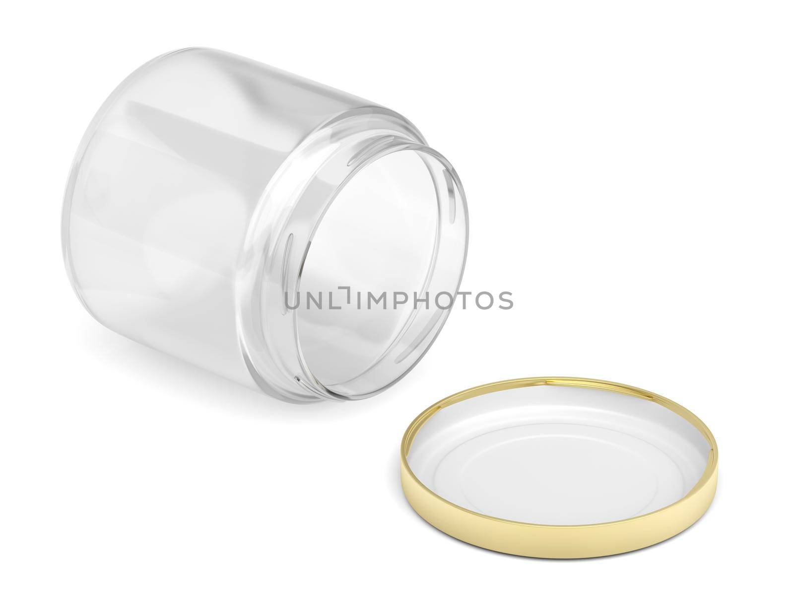 Open glass jar and golden cap on white background