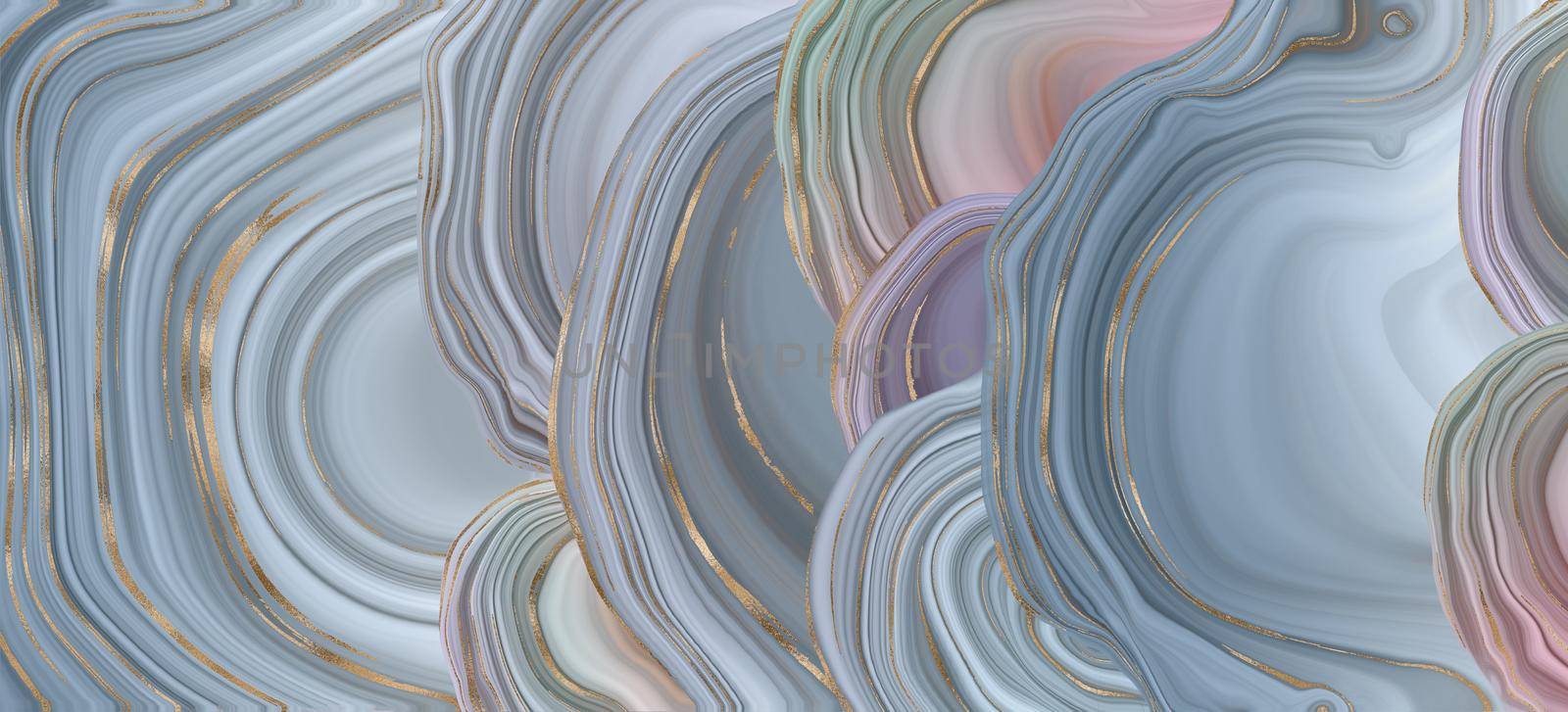 Agate stone texture with gold. Blue grey Fluid marbling effect with gold vein. Horisontal abstract Agate Background in pastel colours. Illustration