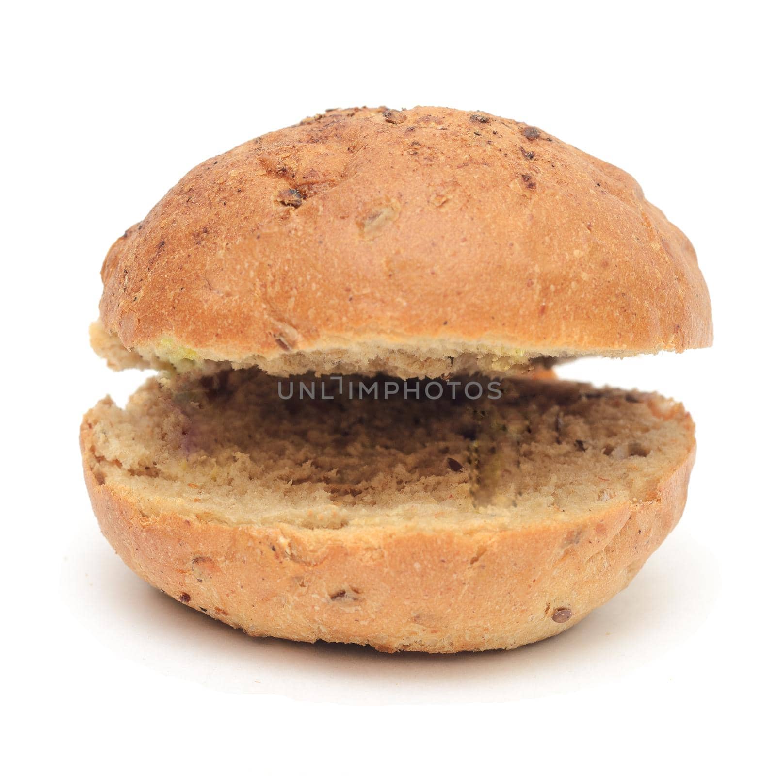 Burger bun with flax cut into two halves on one side isolated on white background.Funny burger bun