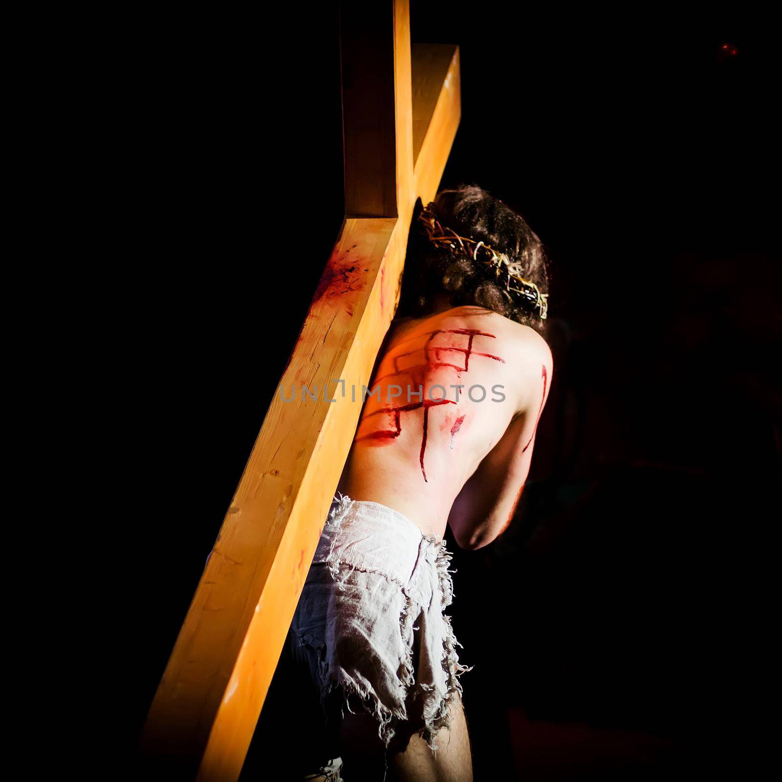 Jesus carrying the Cross into the darkness.Focus on back.