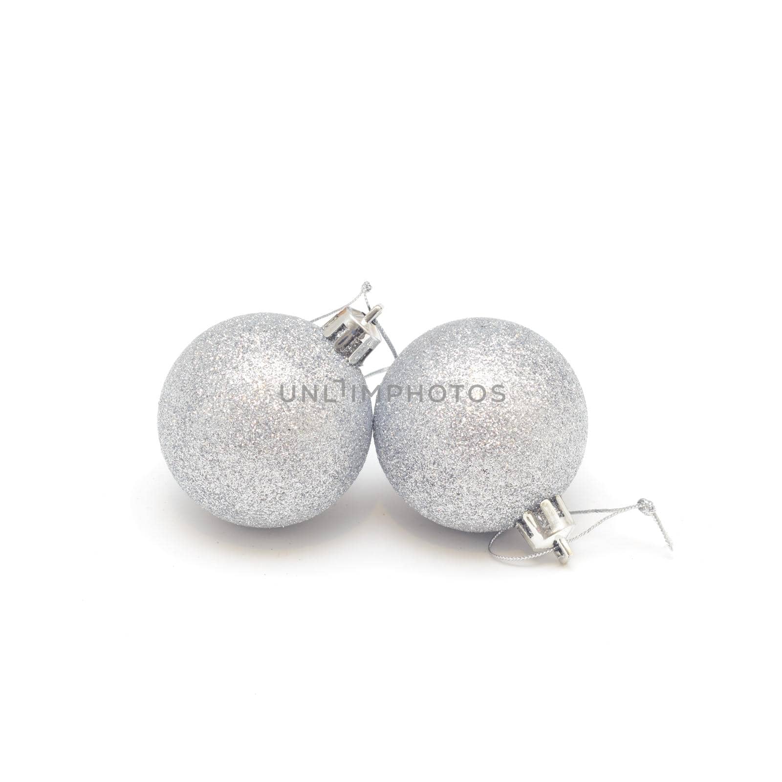 Two Christmas silver balls isolated on white background