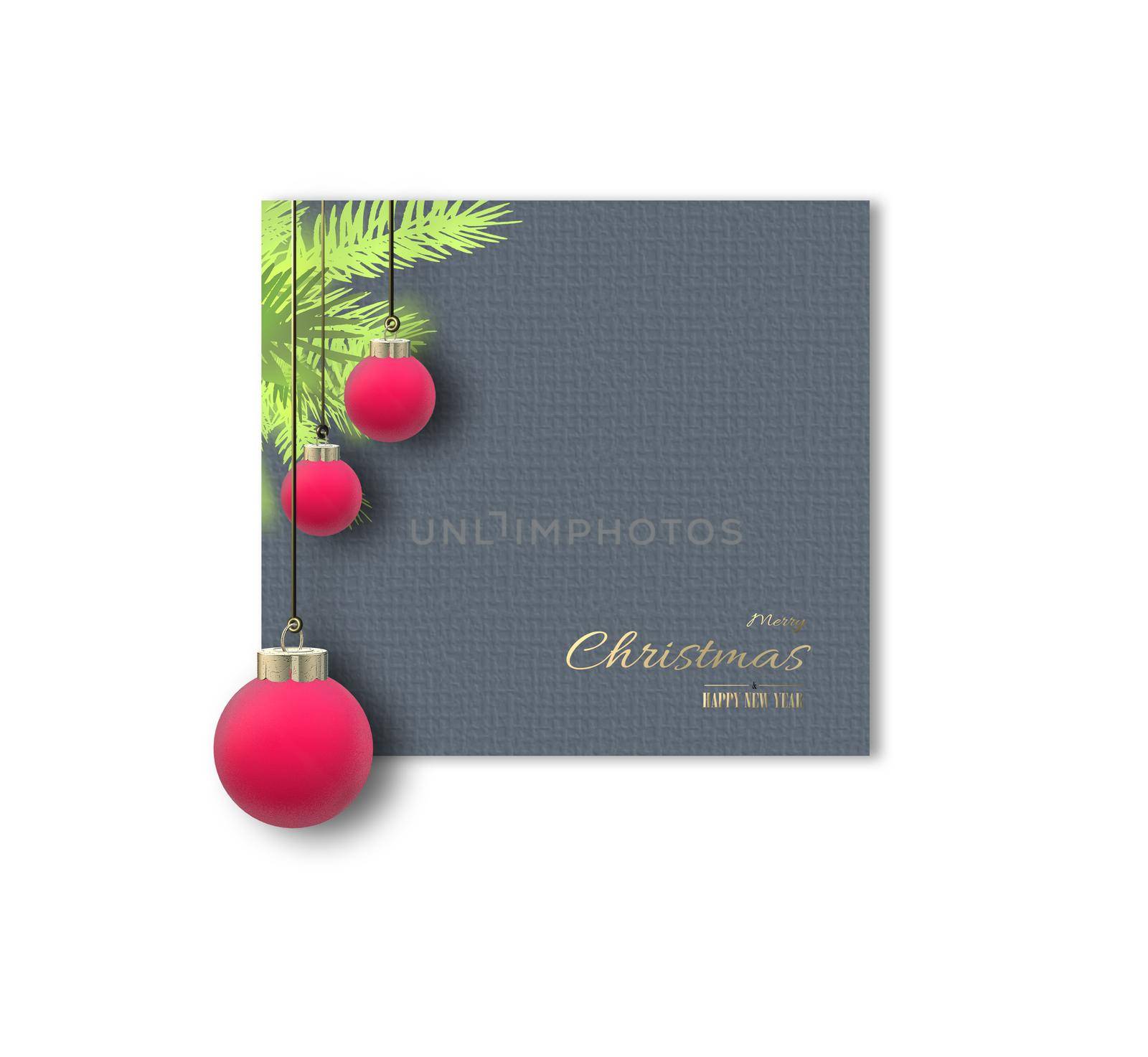 Corporate modern abstract Christmas card with Xmas fir branches, 3d realistic ball bauble on grey pastel white background. Gold text with Christmas New Year wishes. Place for text. 3D rendering