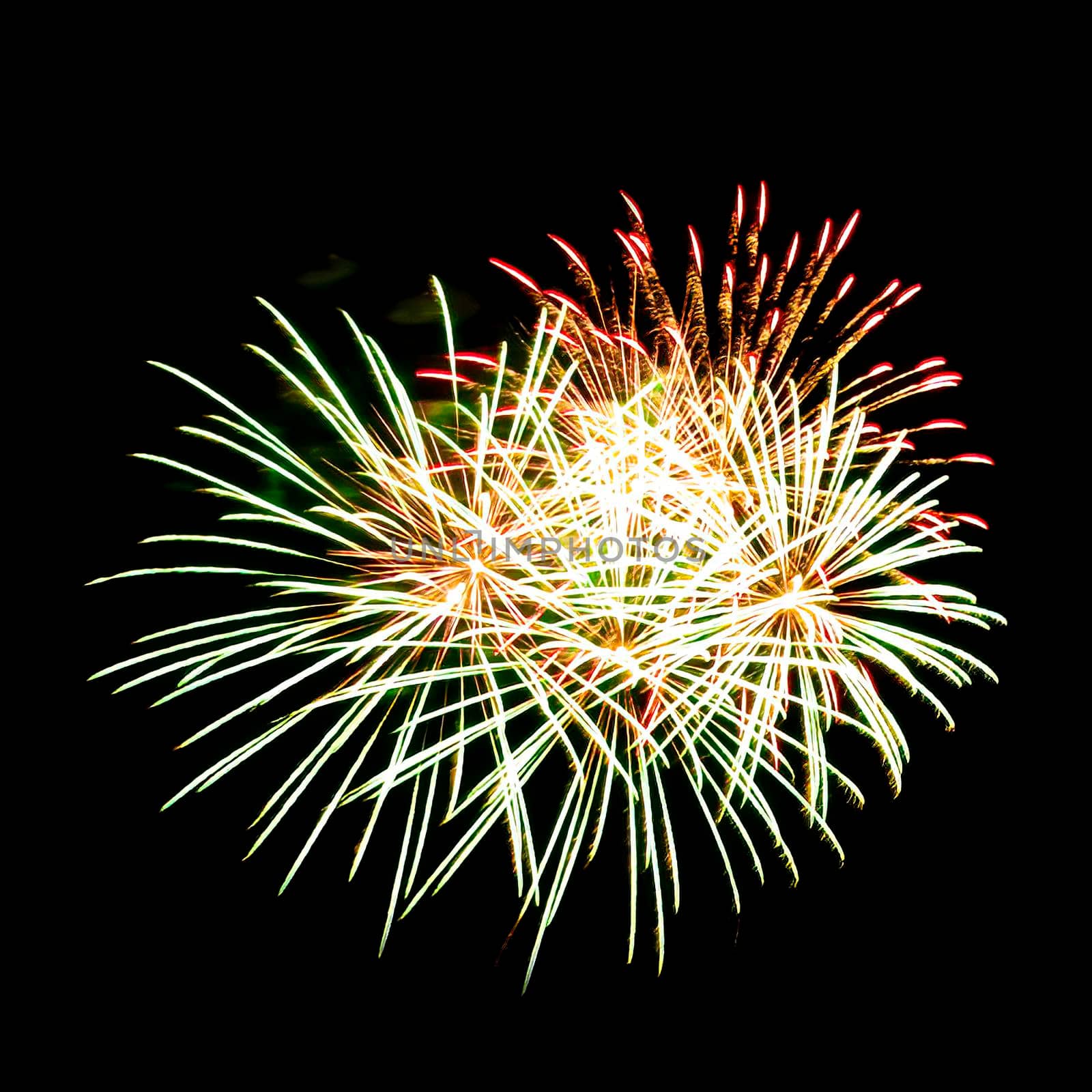 Colorful fireworks isolated on black sky background.