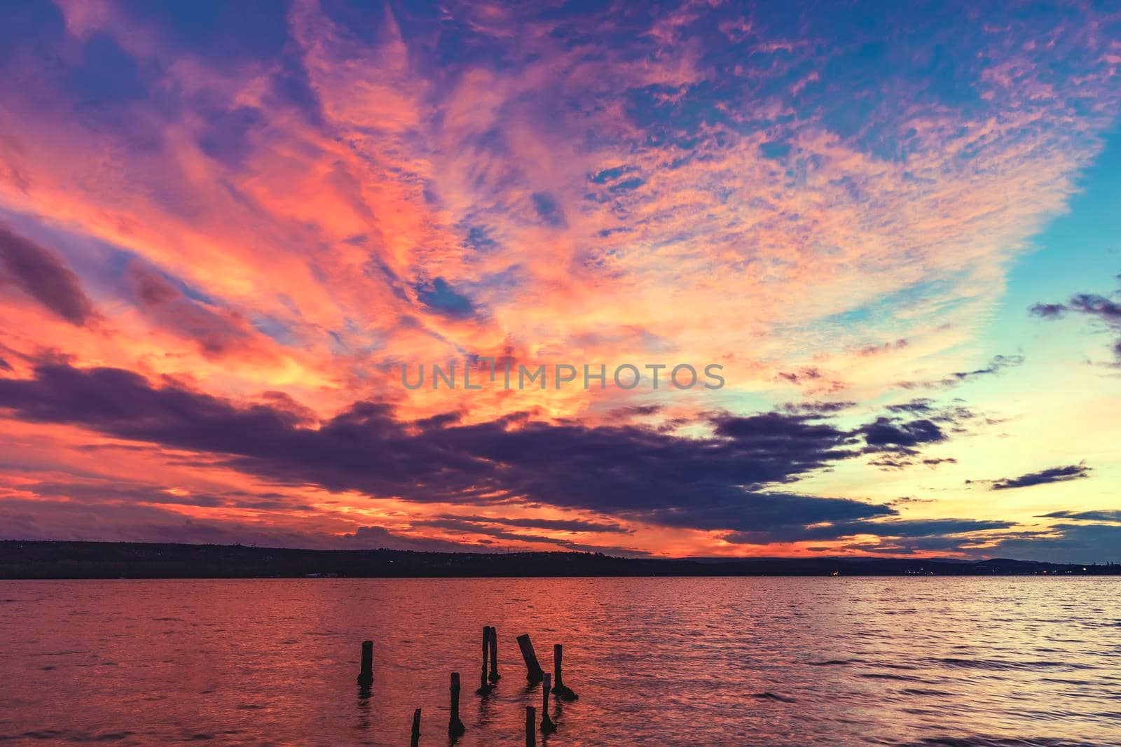 Exciting sunset at the seashore. Dead tree stumps In the water