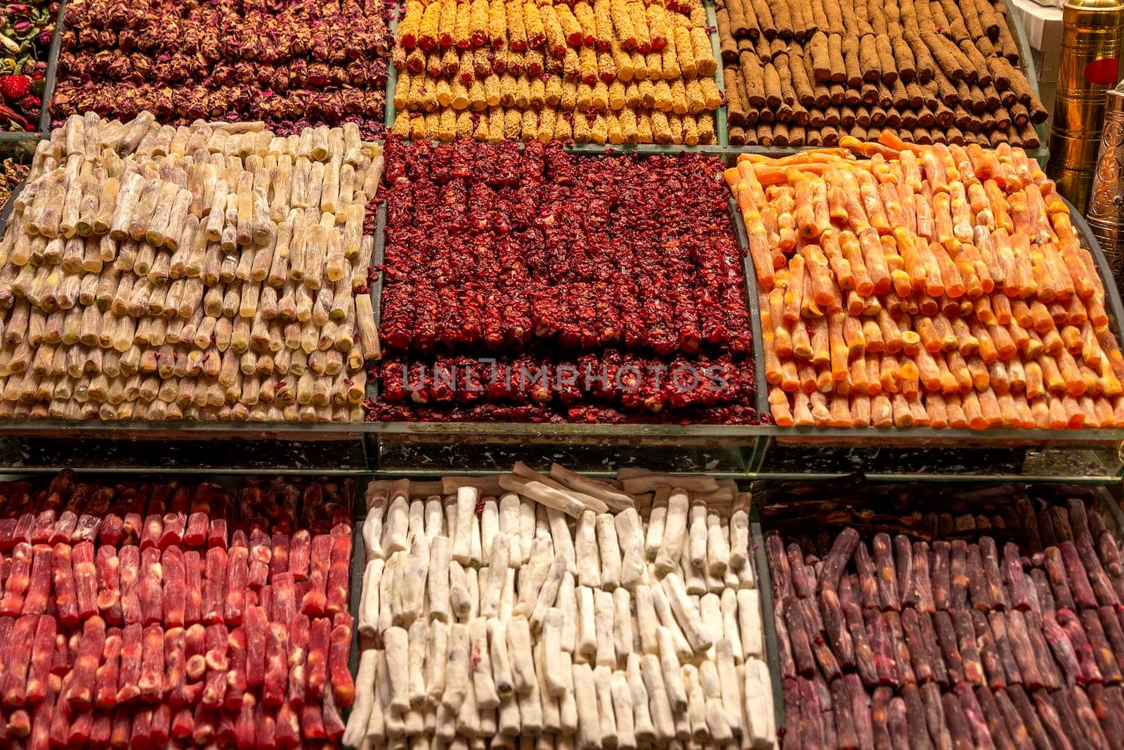 Many different sweets in the market. Horizontal view