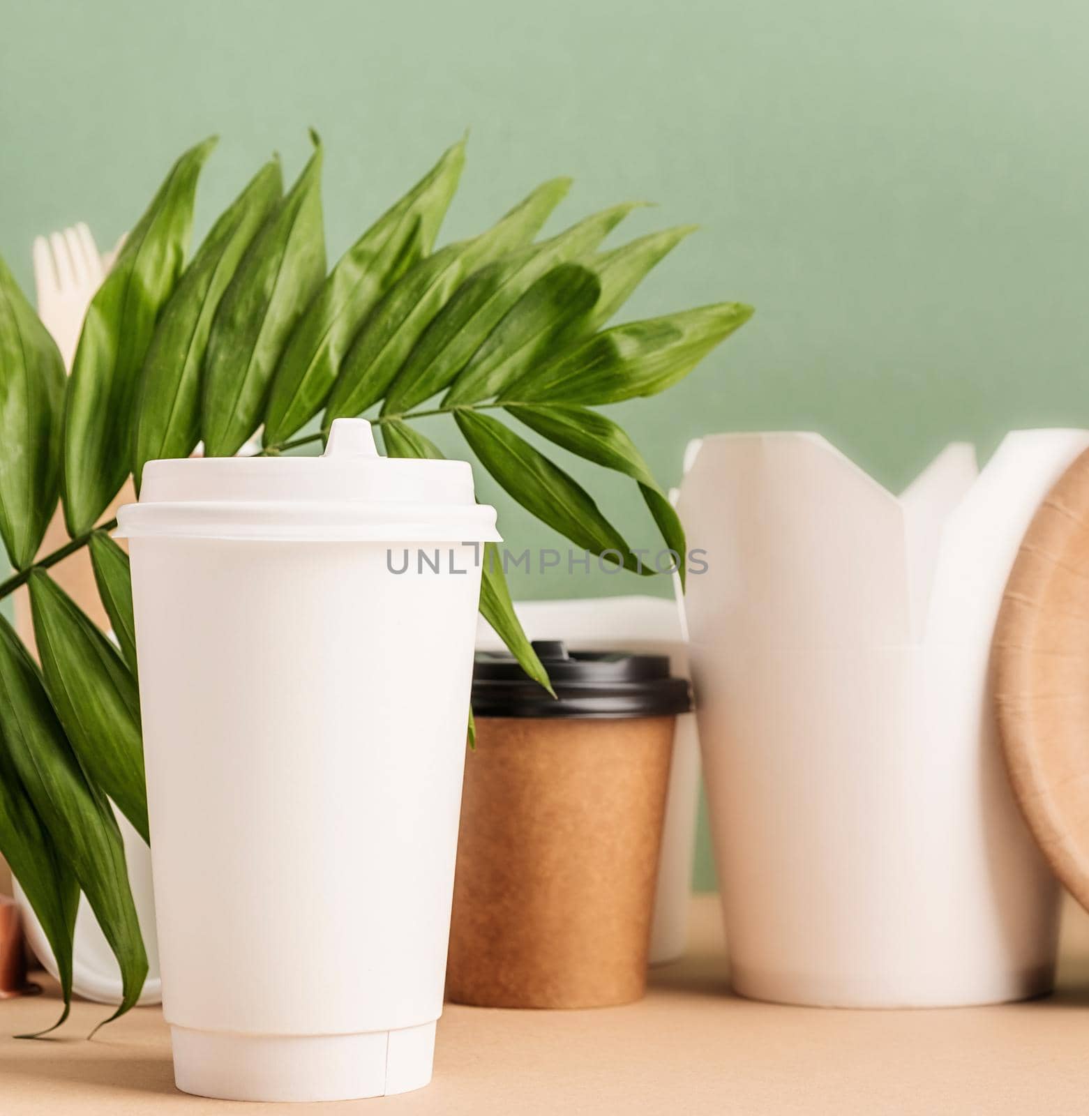 Zero waste and ecology concept. Eco-friendly disposable white paper cup, mock up design. Front view